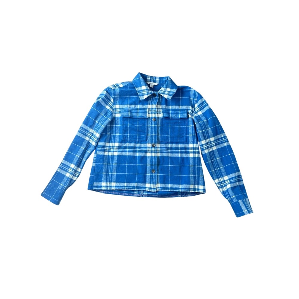 LL Bean Signature Blue White Plaid Flannel Crop‎ Shirt Jacket Shacket Womens XS